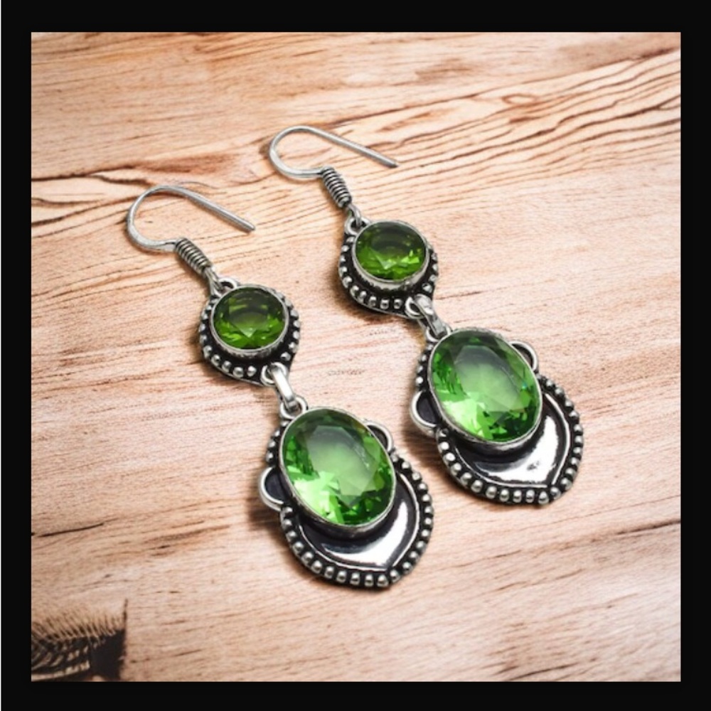 Peridot Handcrafted Drop Dangle Hook Style Earrings 2.4" Long Made In India New - Picture 14 of 16